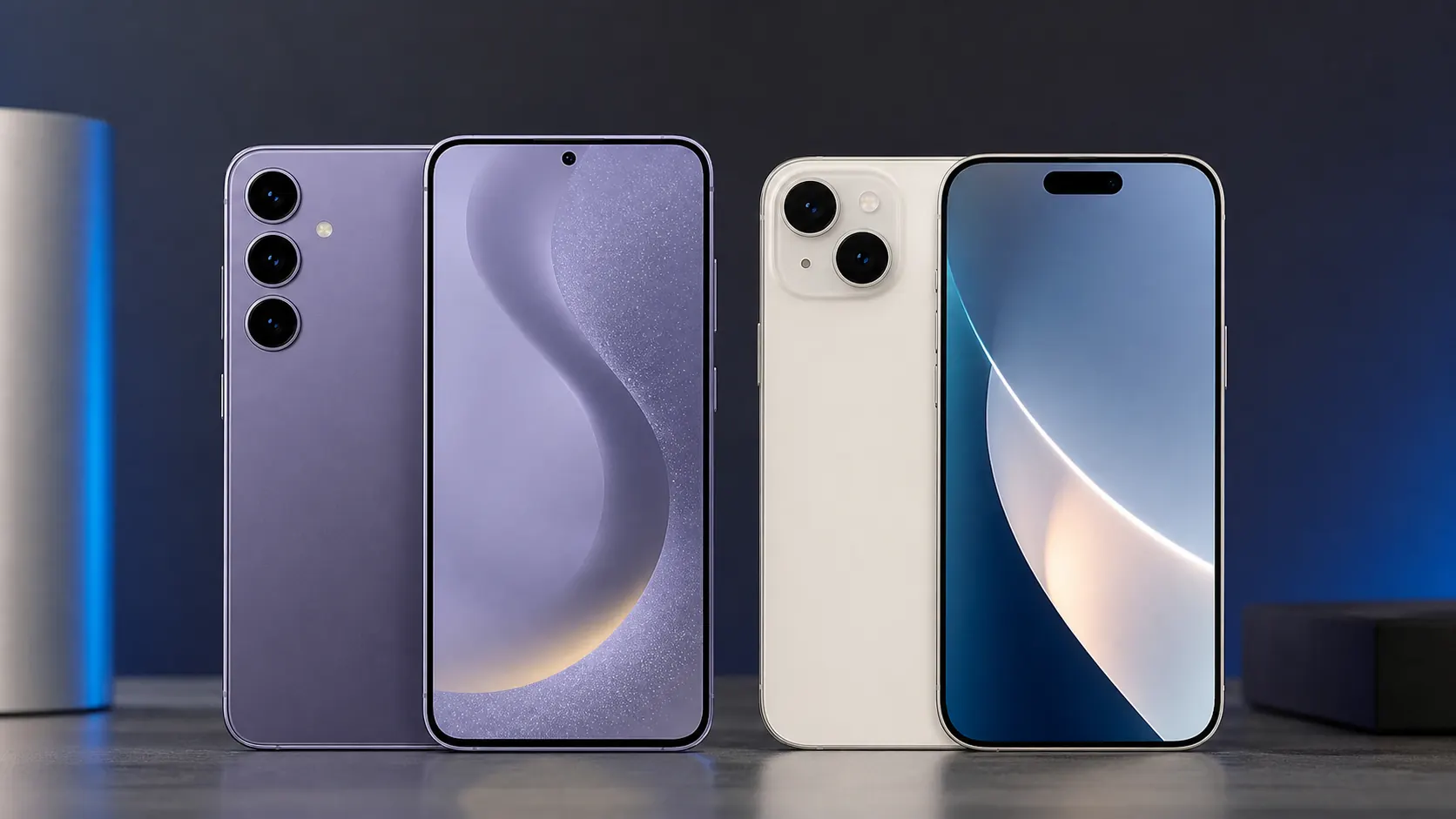 Imagem original realista comparando Galaxy S24 Plus e iPhone 16 Plus sem logos oficiais