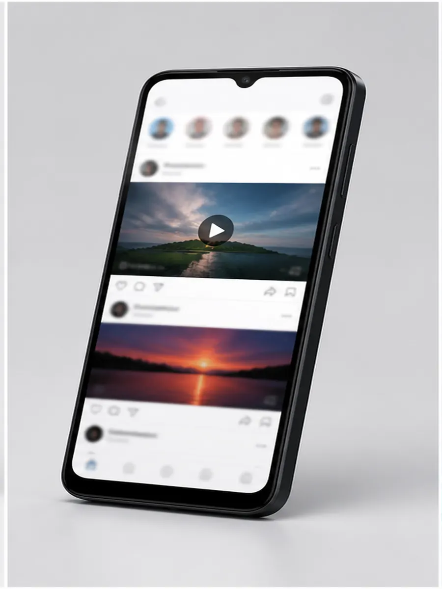 Tela do Samsung Galaxy A06 em uso com redes sociais e videos para compra ate R$ 800