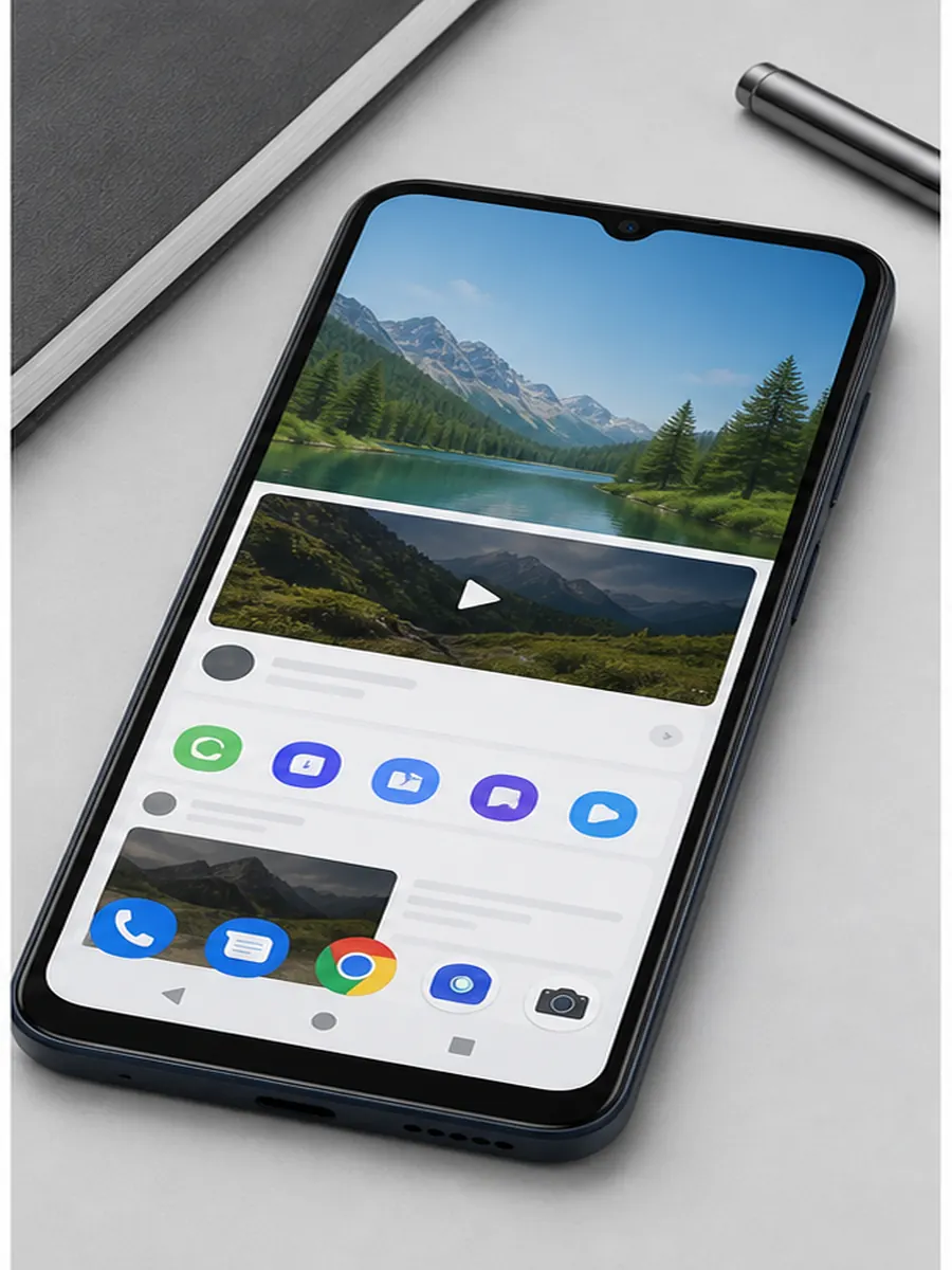 Tela do Moto G04s com interface de apps e videos destacando celular barato com 90 Hz